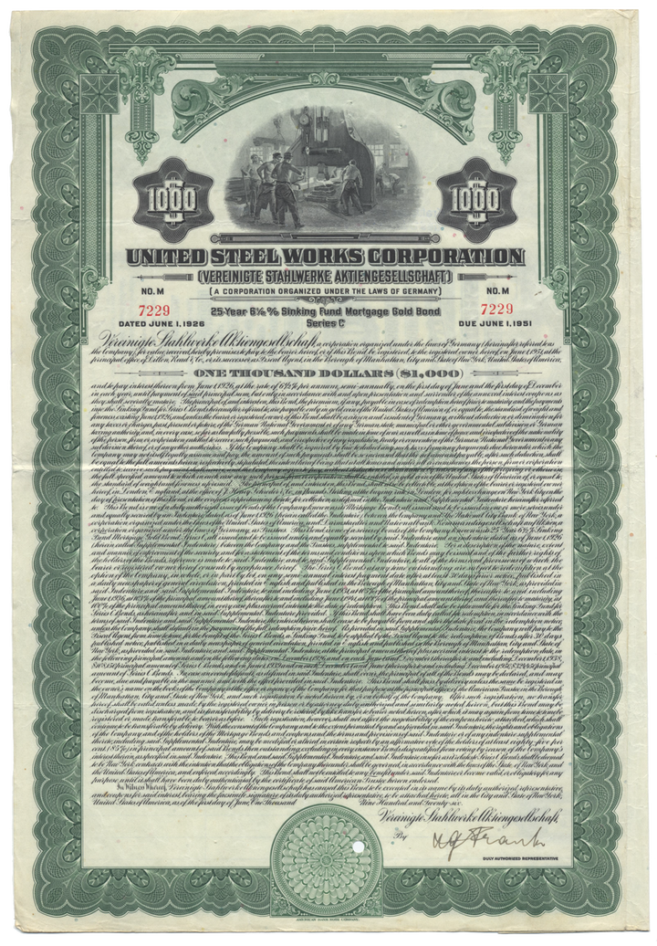 United Steel Works Corporation Bond Certificate