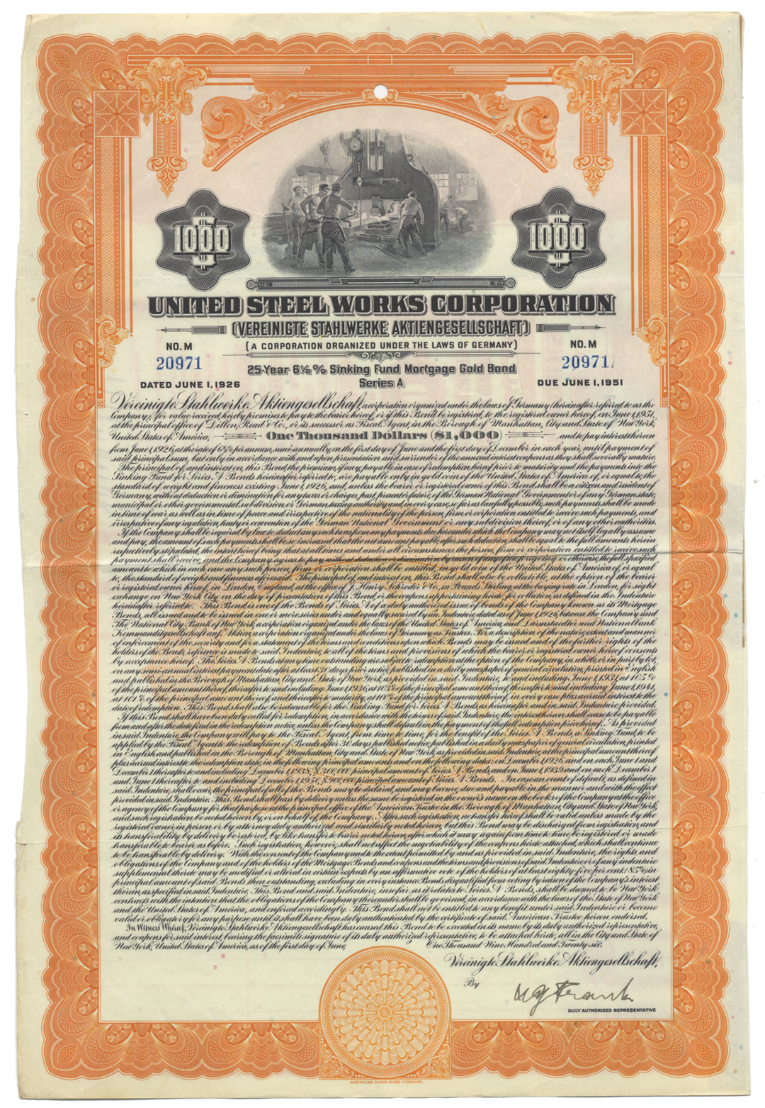 United Steel Works Corporation Bond Certificate