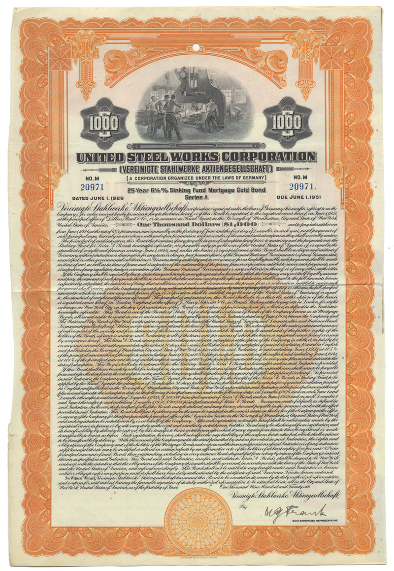 United Steel Works Corporation Bond Certificate