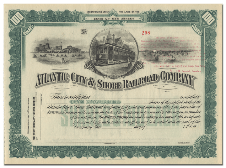 Atlantic City & Shore Railroad Company Stock Certificate