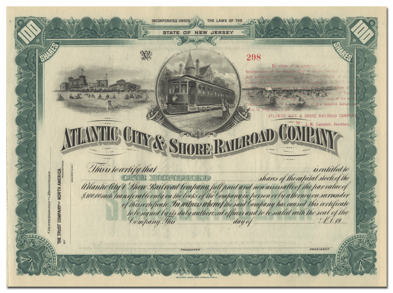 Atlantic City & Shore Railroad Company Stock Certificate