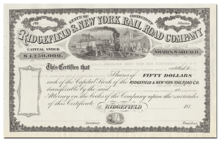 Ridgefield & New York Rail Road Company Stock Certificate