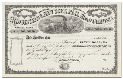 Ridgefield & New York Rail Road Company Stock Certificate