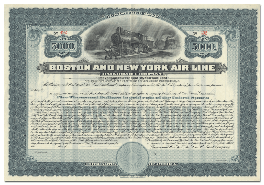 Boston and New York Air Line Railroad Company Stock Certificate