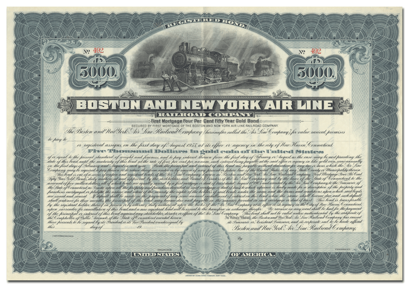 Boston and New York Air Line Railroad Company Stock Certificate