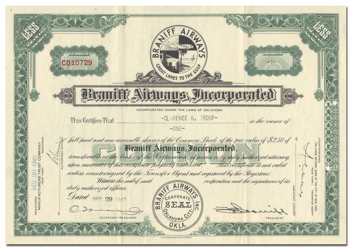 Braniff Airways, Incorporated Stock Certificate