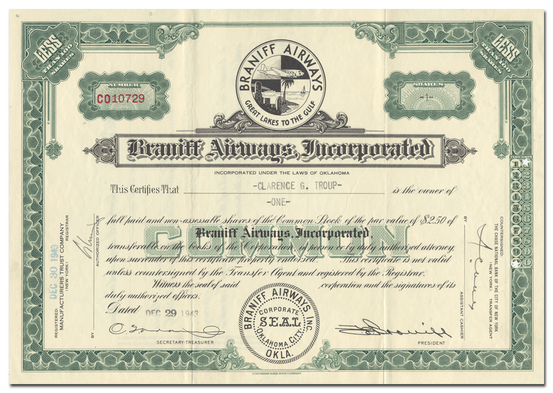 Braniff Airways, Incorporated Stock Certificate