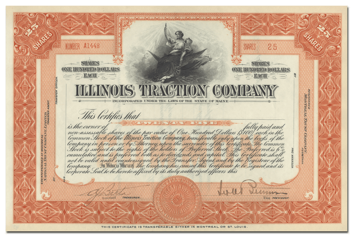 Illinois Traction Company Stock Certificate