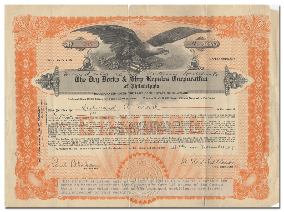 Dry Docks & Repairs Ship Repairs Corporation of Philadelphia Stock Certificate