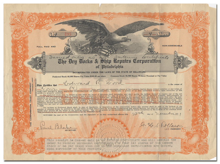 Dry Docks & Repairs Ship Repairs Corporation of Philadelphia Stock Certificate