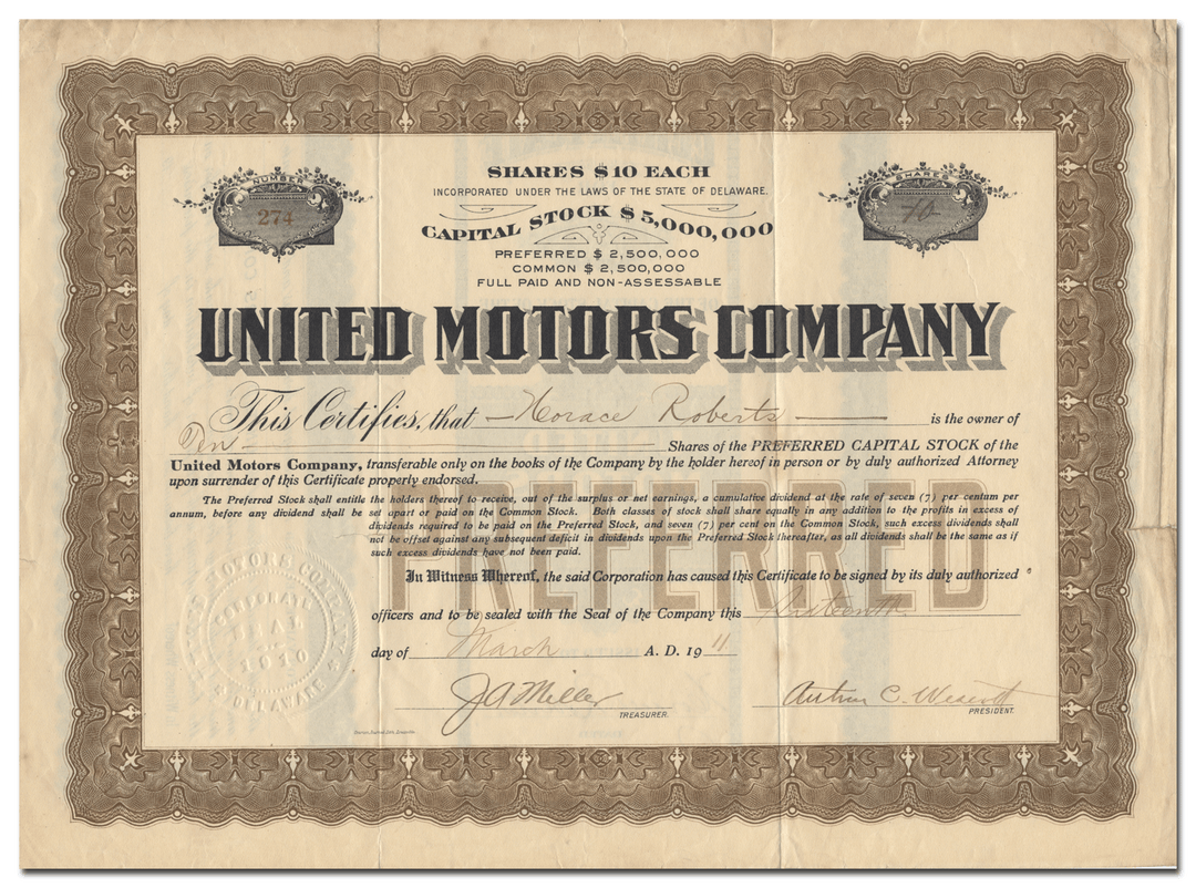 United Motors Company Stock Certificate