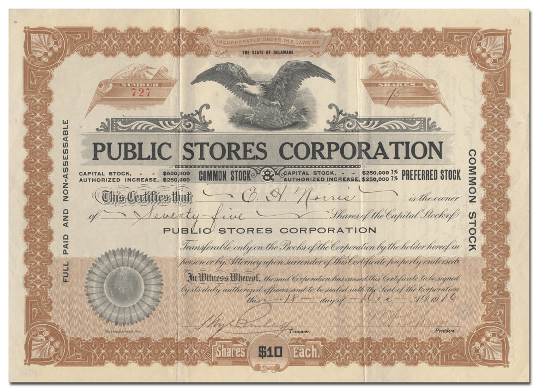 Public Stores Corporation Stock Certificate