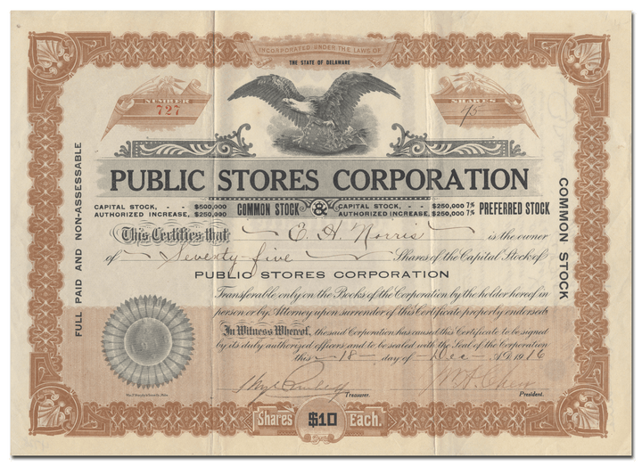 Public Stores Corporation Stock Certificate