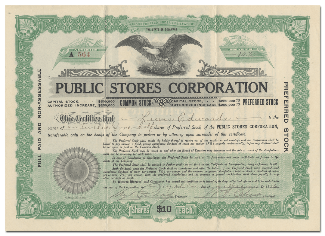 Public Stores Corporation Stock Certificate