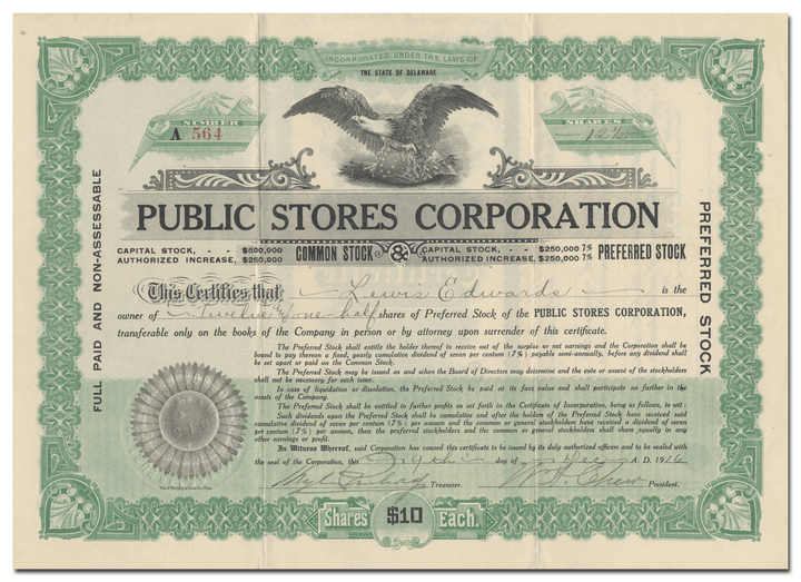 Public Stores Corporation Stock Certificate