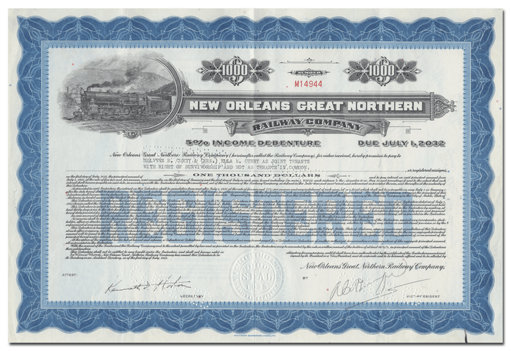 New Orleans Great Northern Railway Company Bond Certificate