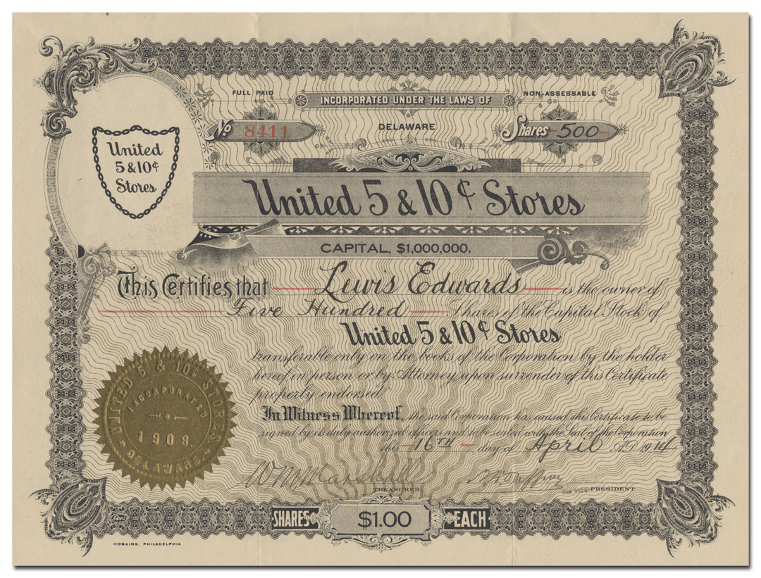 United 5 & 10 Cent Stores Stock Certificate