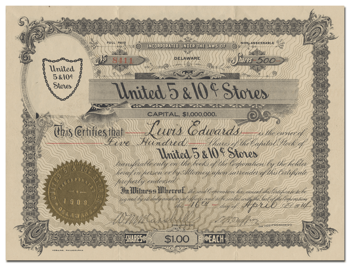 United 5 & 10 Cent Stores Stock Certificate