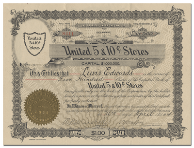 United 5 & 10 Cent Stores Stock Certificate