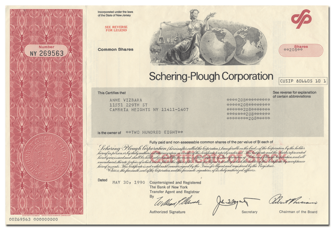 Schering-Plough Corporation Stock Certificate