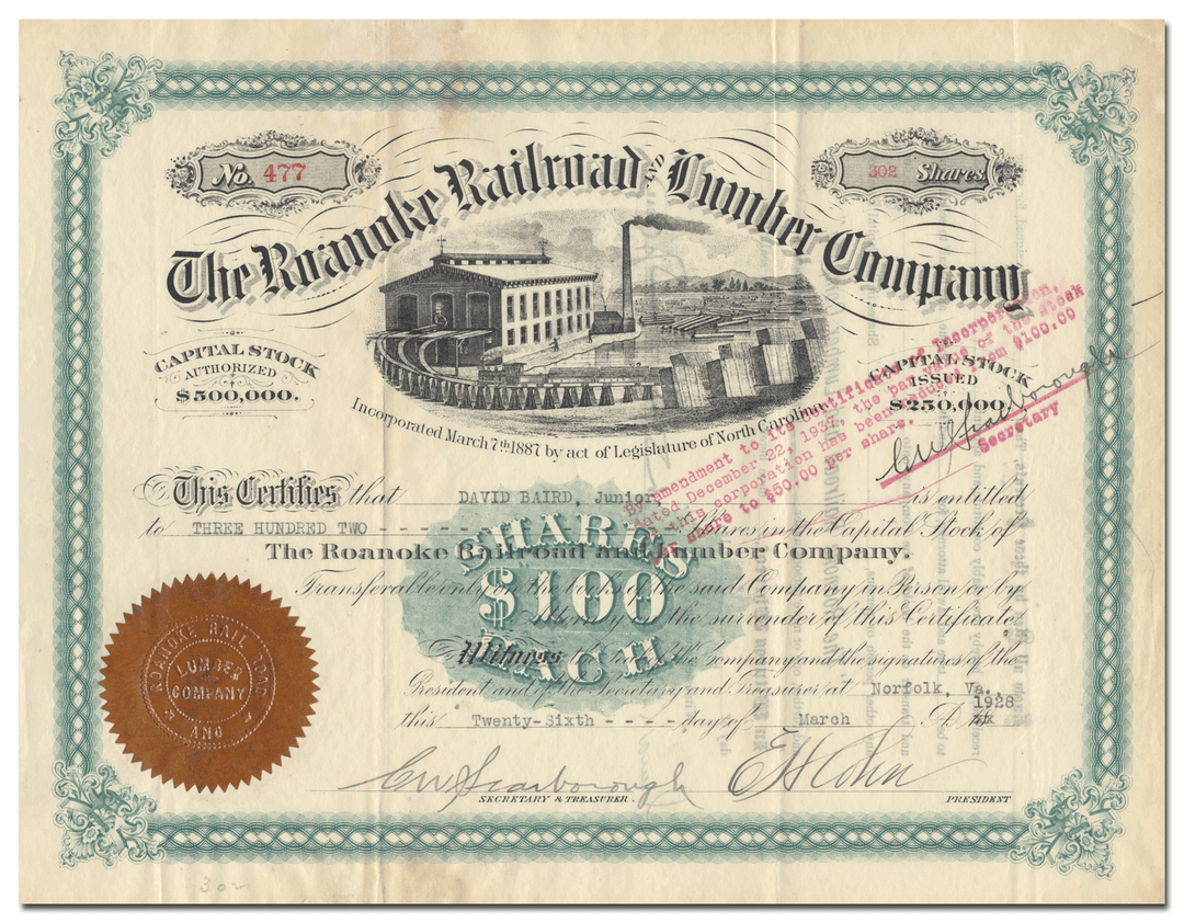 Roanoke Railroad and Lumber Company Stock Certificate