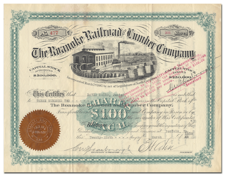 Roanoke Railroad and Lumber Company Stock Certificate