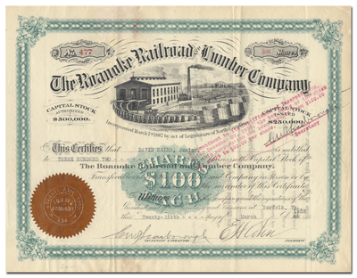 Roanoke Railroad and Lumber Company Stock Certificate