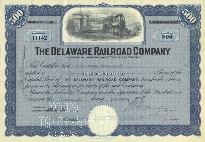 Delaware Railroad Company Stock Certificate