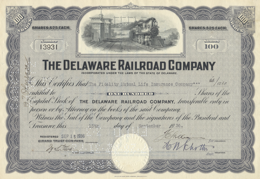 Delaware Railroad Company Stock Certificate