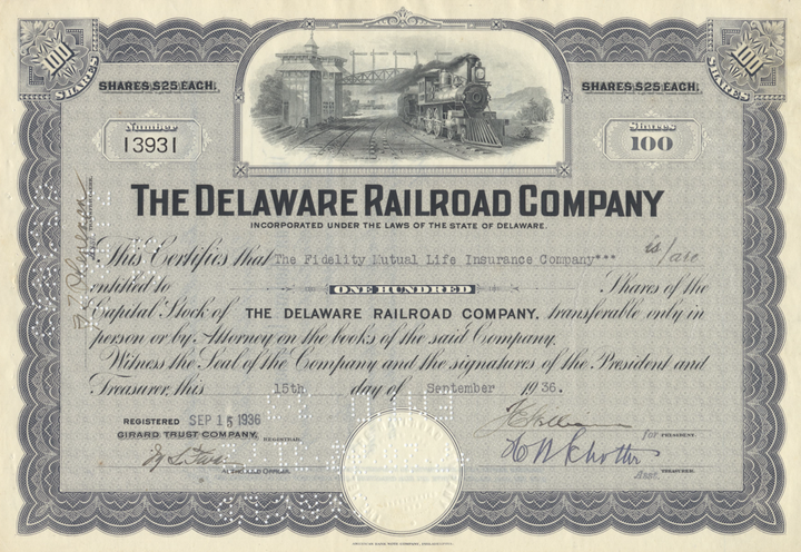 Delaware Railroad Company Stock Certificate