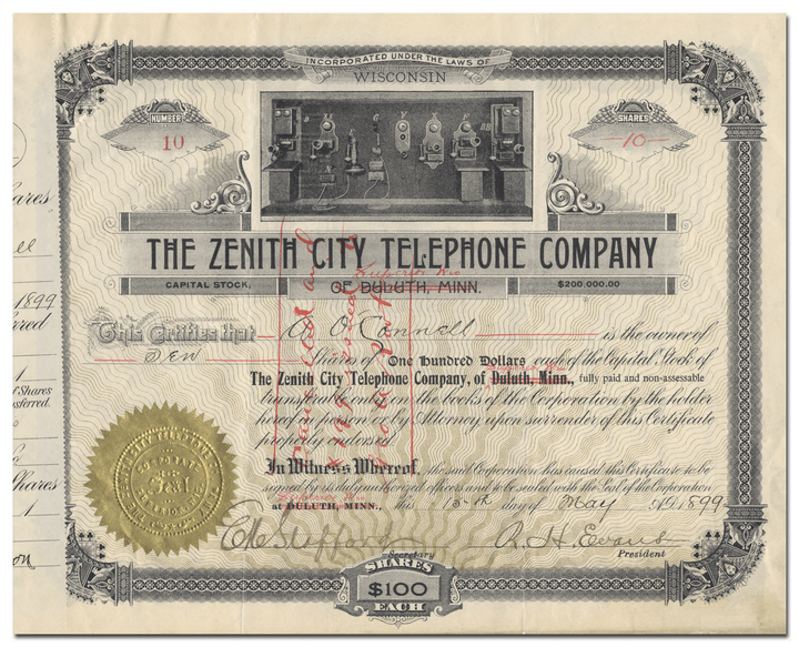 Zenith City Telephone Company Stock Certificate