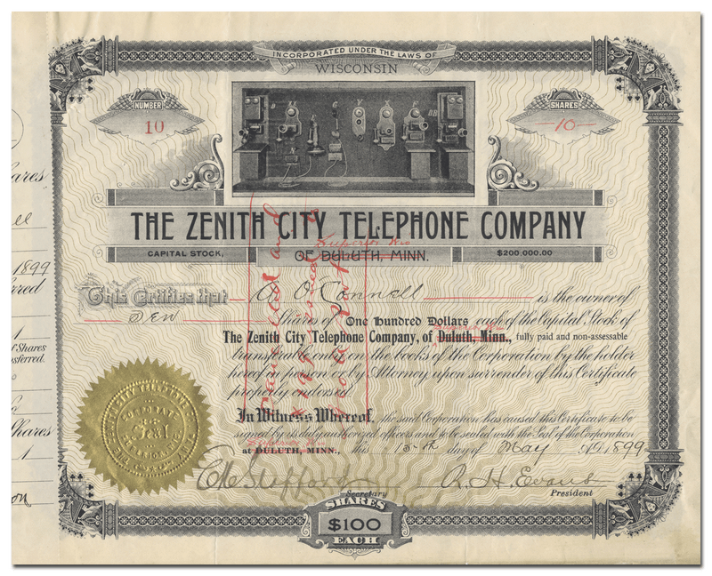 Zenith City Telephone Company Stock Certificate