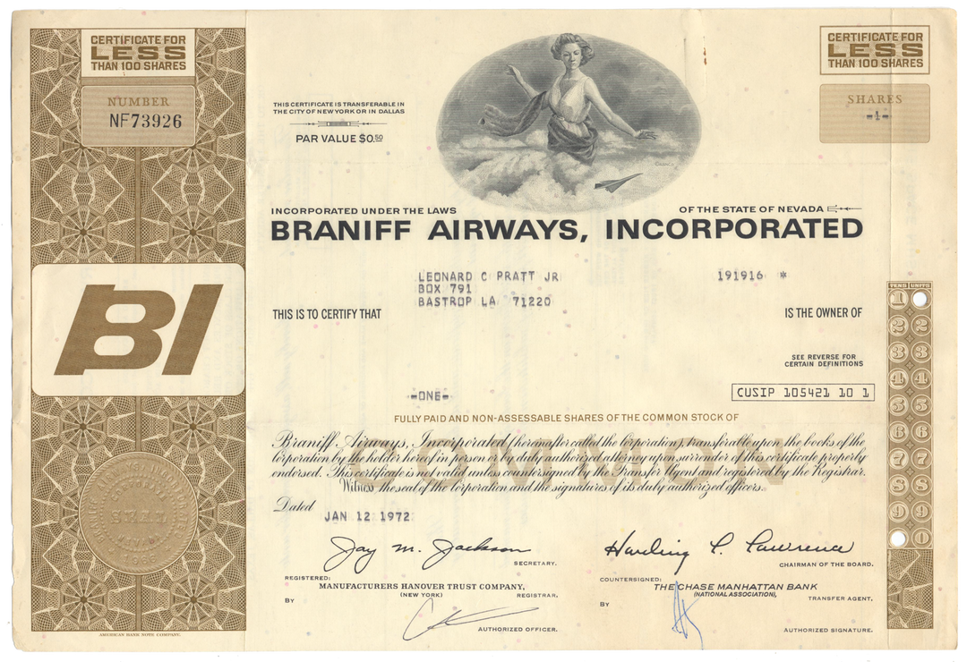 Braniff Airways, Incorporated Stock Certificate