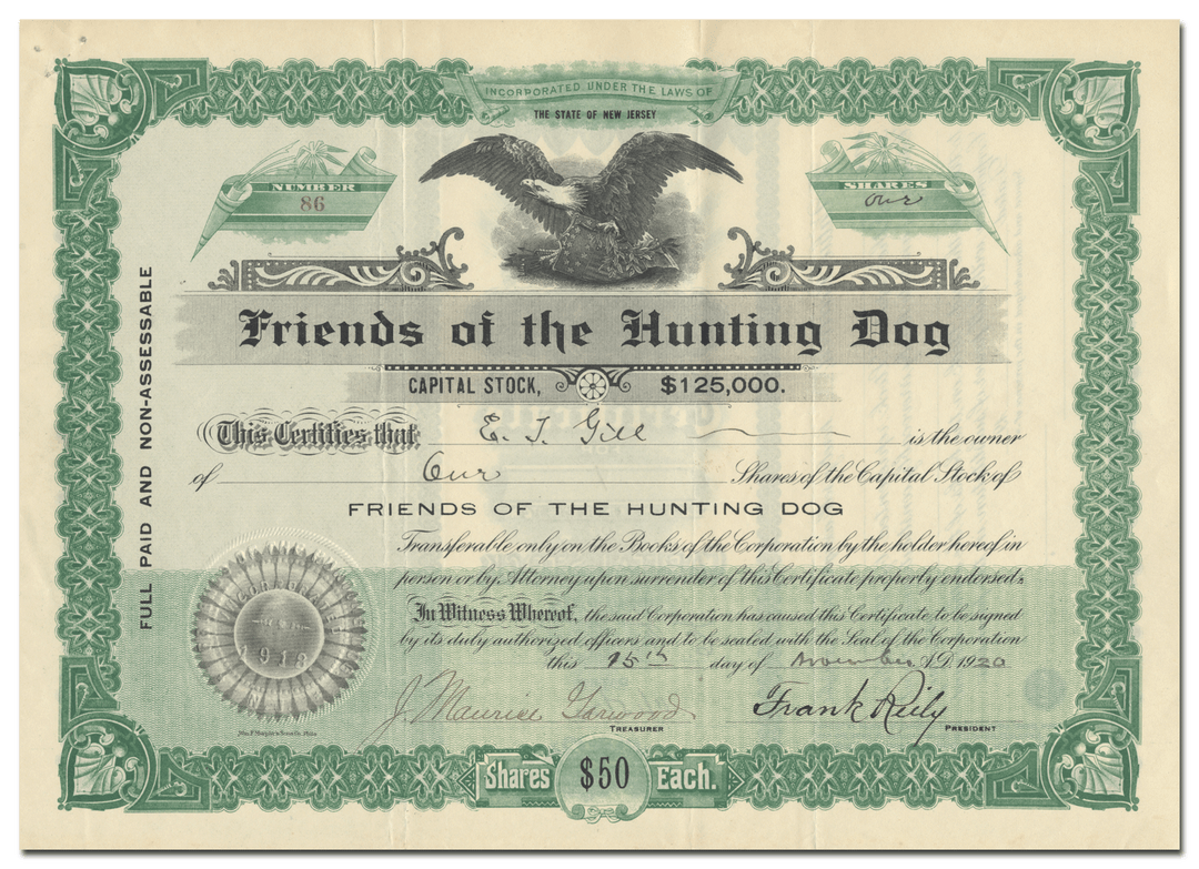 Friends of the Hunting Dog Stock Certificate