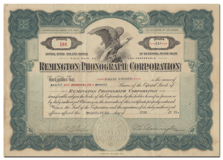 Remington Phonograph Company Stock Certificate