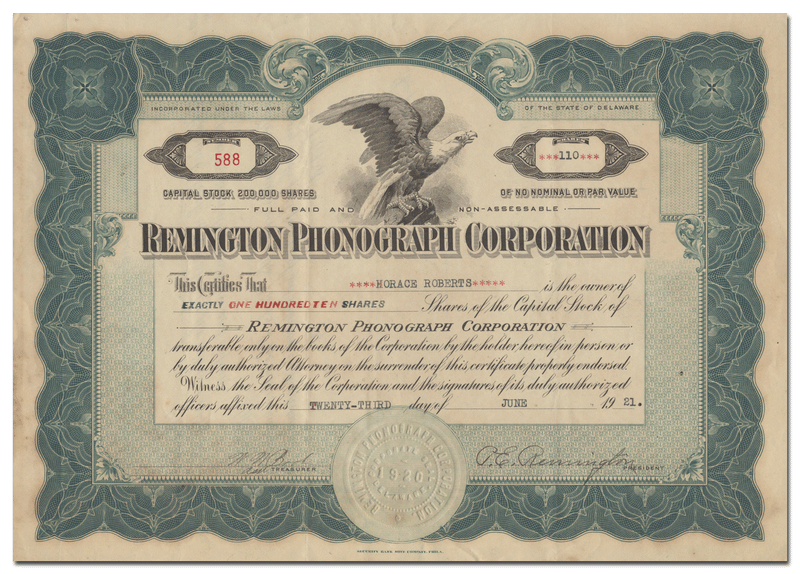 Remington Phonograph Company Stock Certificate
