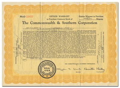 Commonwealth & Southern Corporation Stock Certificate