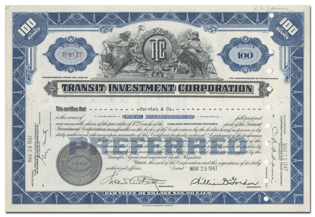 Transit Investment Corporation Stock Certificate