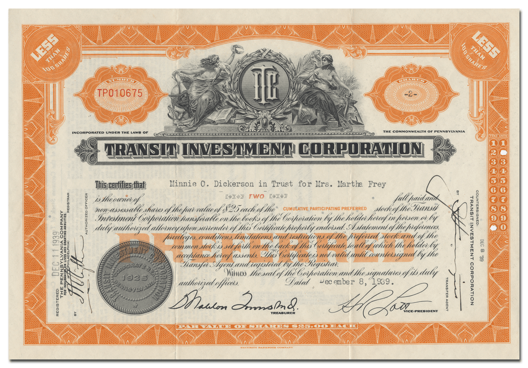 Transit Investment Corporation Stock Certificate