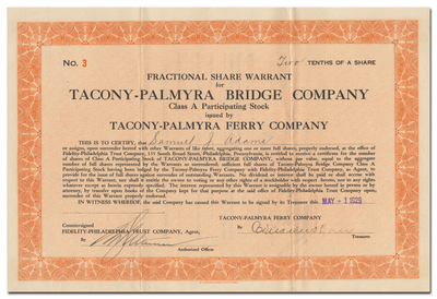 Tacony-Palmyra Bridge Company Stock Certificate
