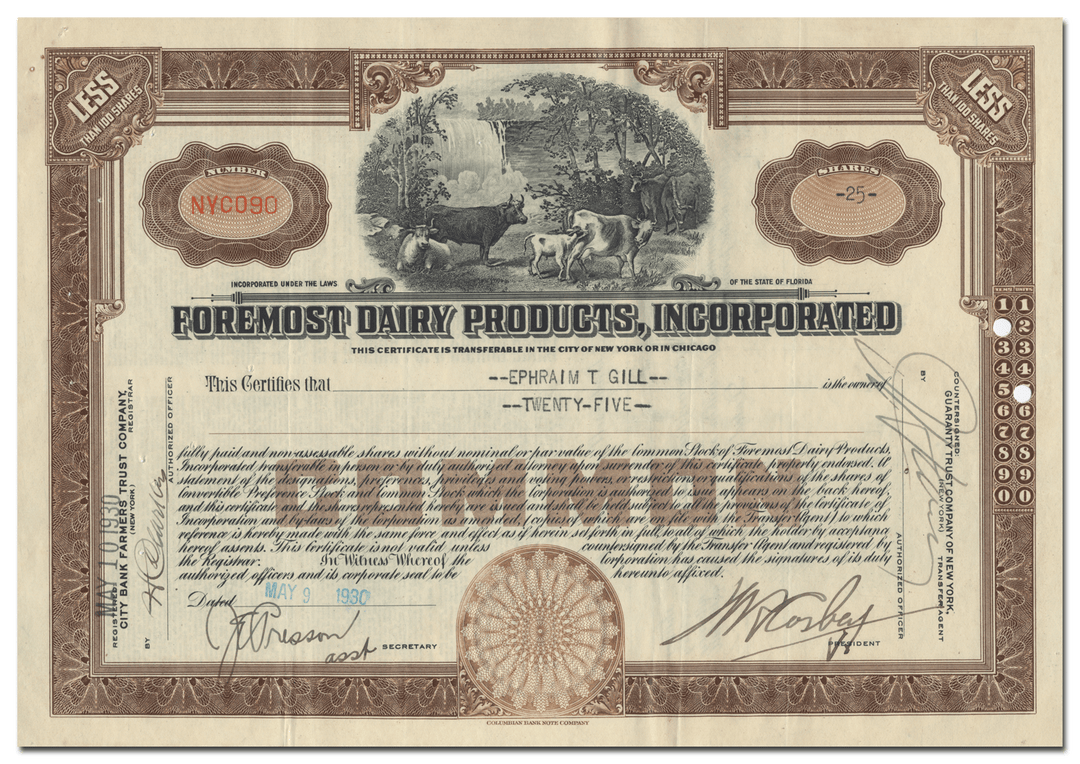 Foremost Dairy Products, Incorporated Stock Certificate