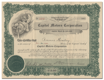 Capitol Motors Corporation Stock Certificate