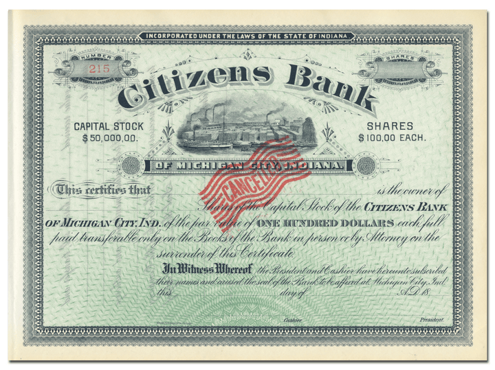 Citizens Bank of Michigan City, Indiana Stock Certificate