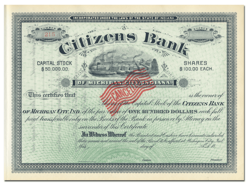 Citizens Bank of Michigan City, Indiana Stock Certificate