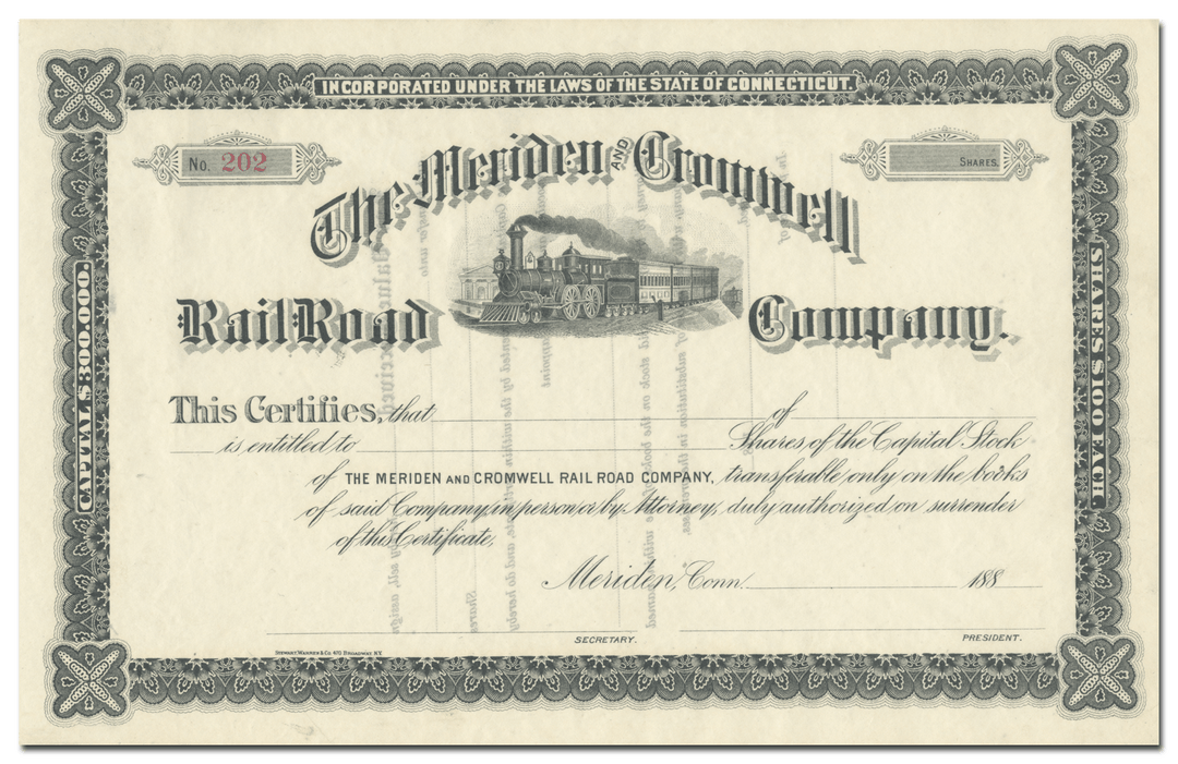 Meriden and Cromwell Rail Road Company Stock Certificate