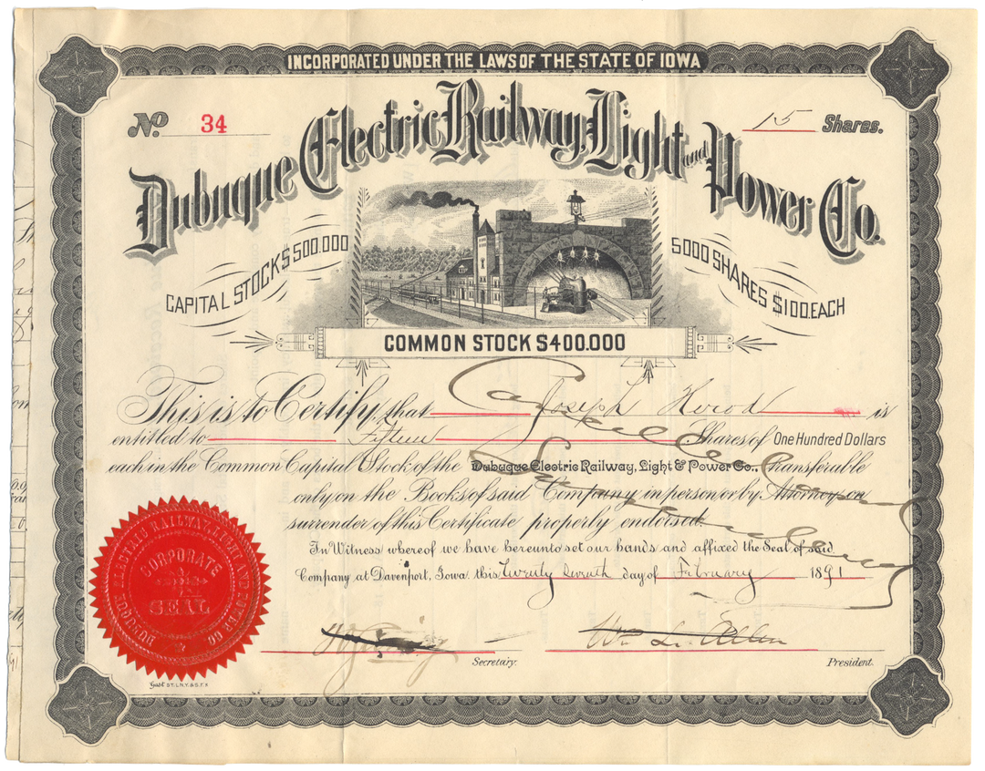 Dubuque Electric Railway, Light and Power Co. Stock Certificate