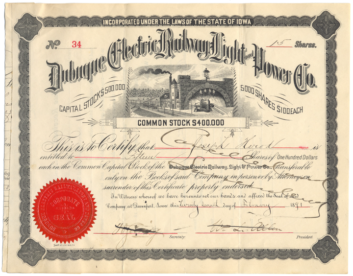 Dubuque Electric Railway, Light and Power Co. Stock Certificate