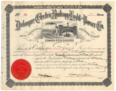 Dubuque Electric Railway, Light and Power Co. Stock Certificate