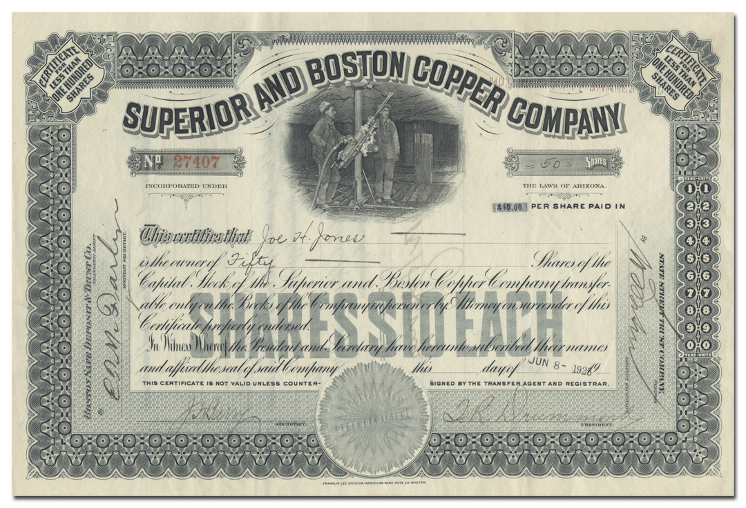 Superior and Boston Copper Company Stock Certificate