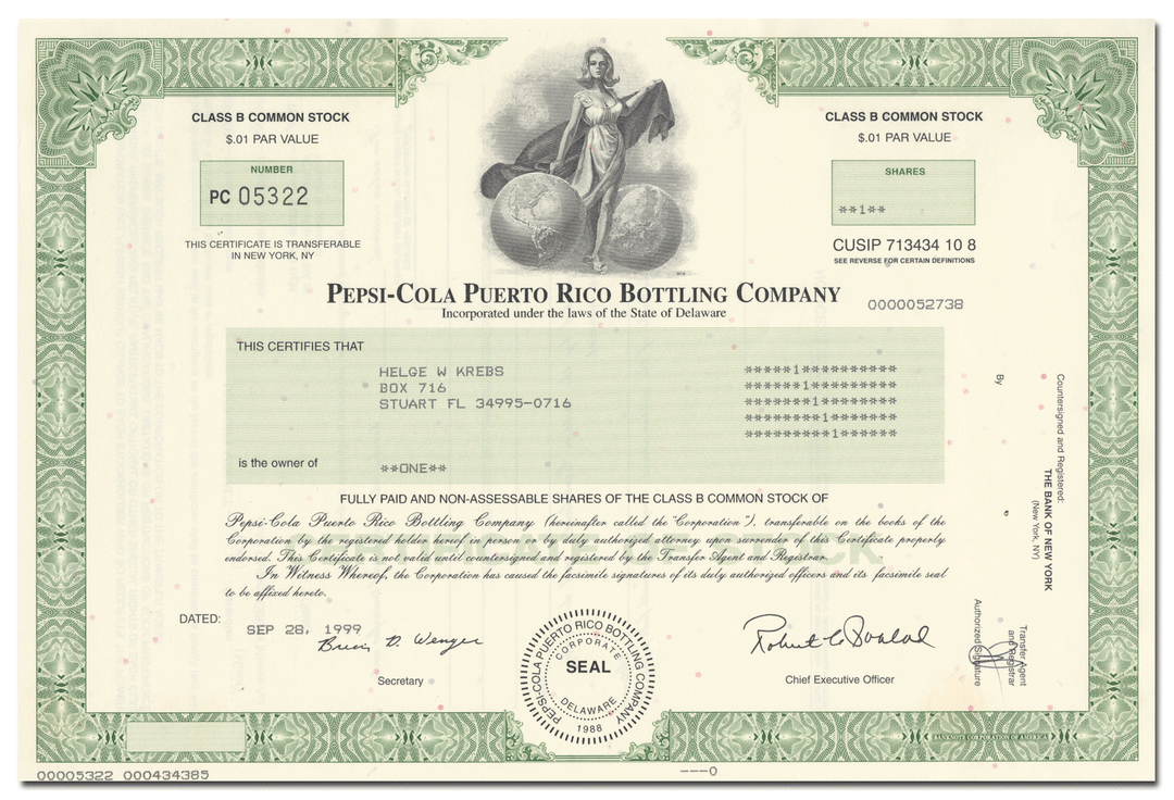 Pepsi - Cola Puerto Rico Bottling Company Stock Certificate